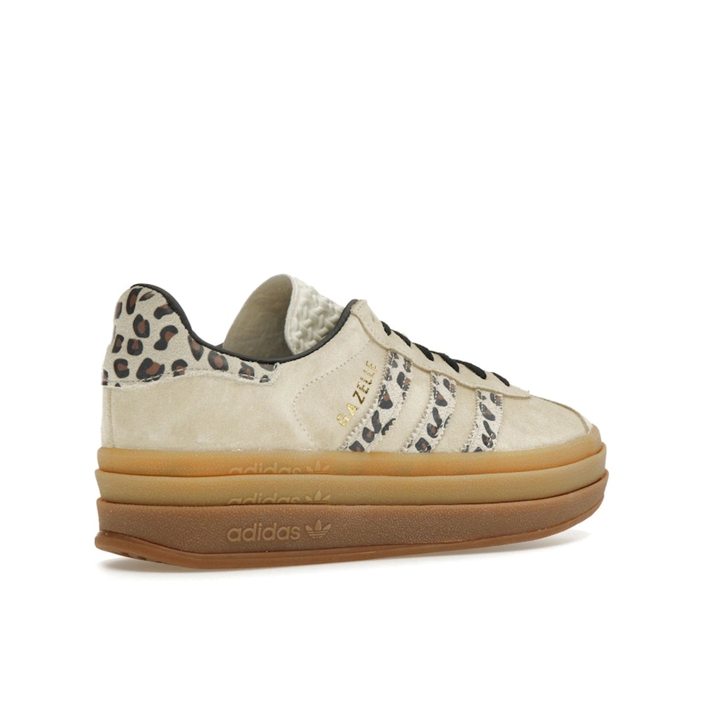 adidas Gazelle Bold sneakers, back view, model JI1370, in cream with black leopard details.