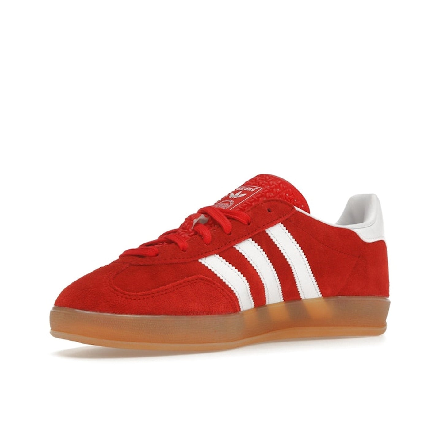 adidas Gazelle Indoor Women’s sneakers, front view, in better scarlet with white stripes and gum sole.