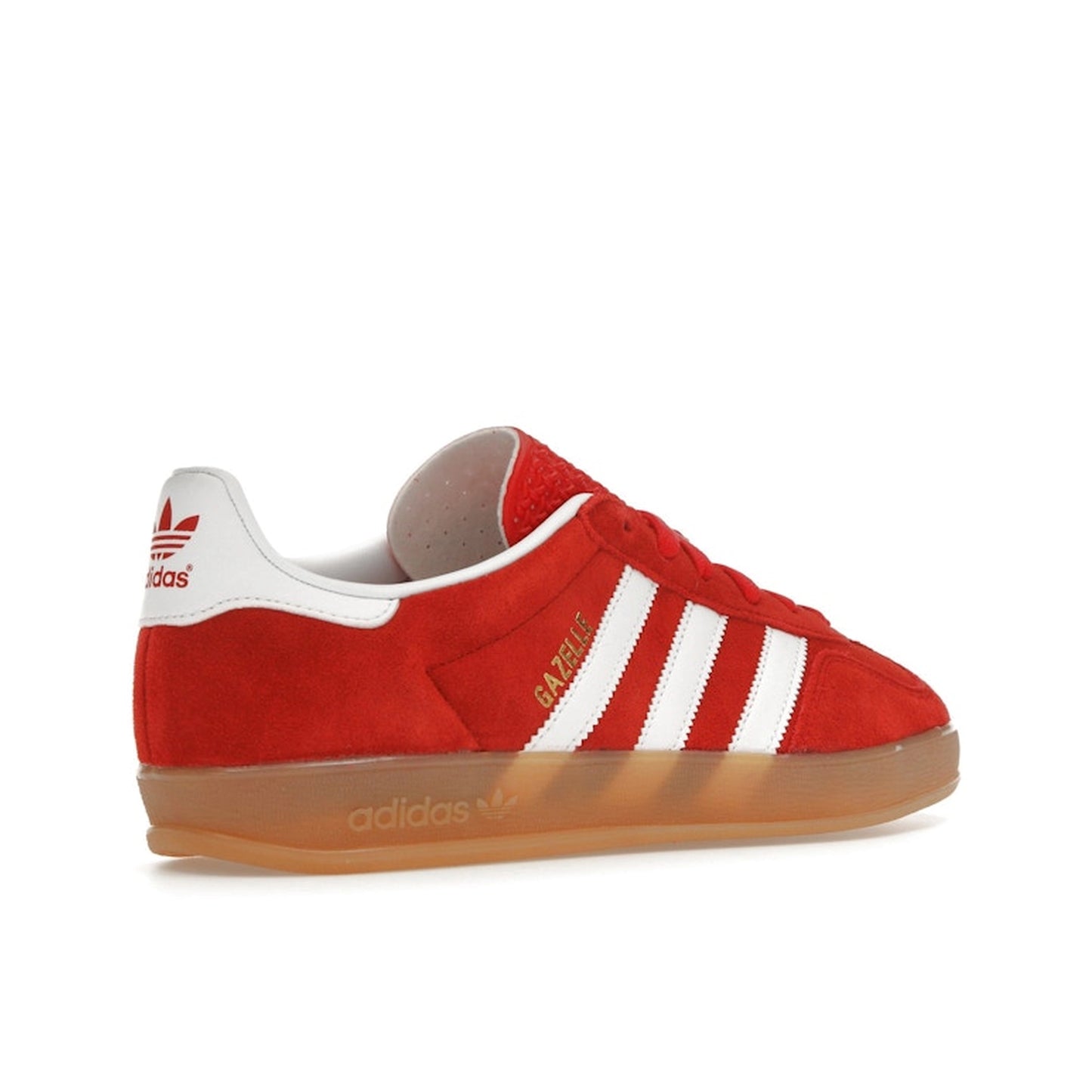 adidas Gazelle Indoor Women’s sneakers, back view, in better scarlet with white stripes and gum sole.