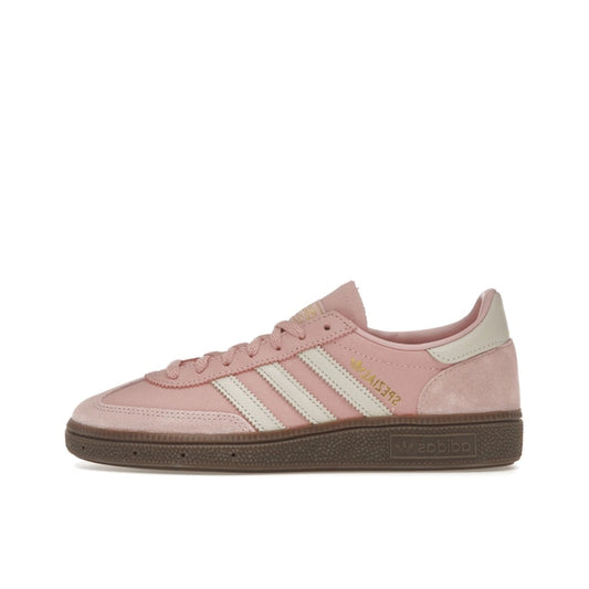 adidas Handball Spezial JI2646, side view, mauve upper in soft suede and cream accents.