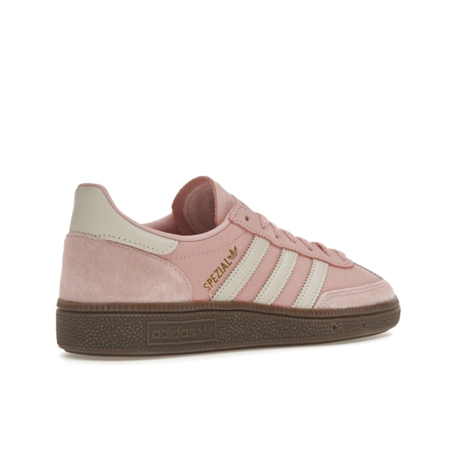 adidas Handball Spezial JI2646, back view, mauve upper in soft suede and cream accents.