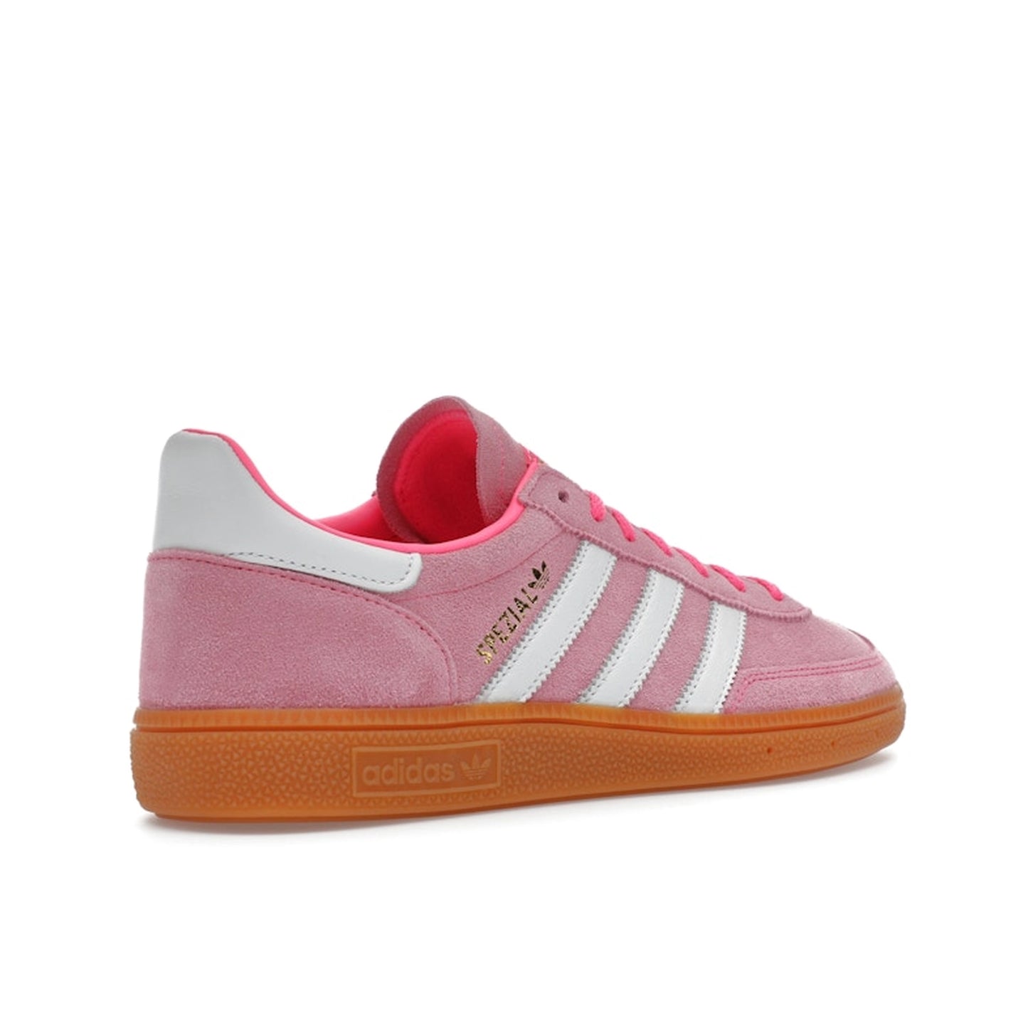 adidas Handball Spezial Women’s sneakers, back view, in lucid pink with white stripes.