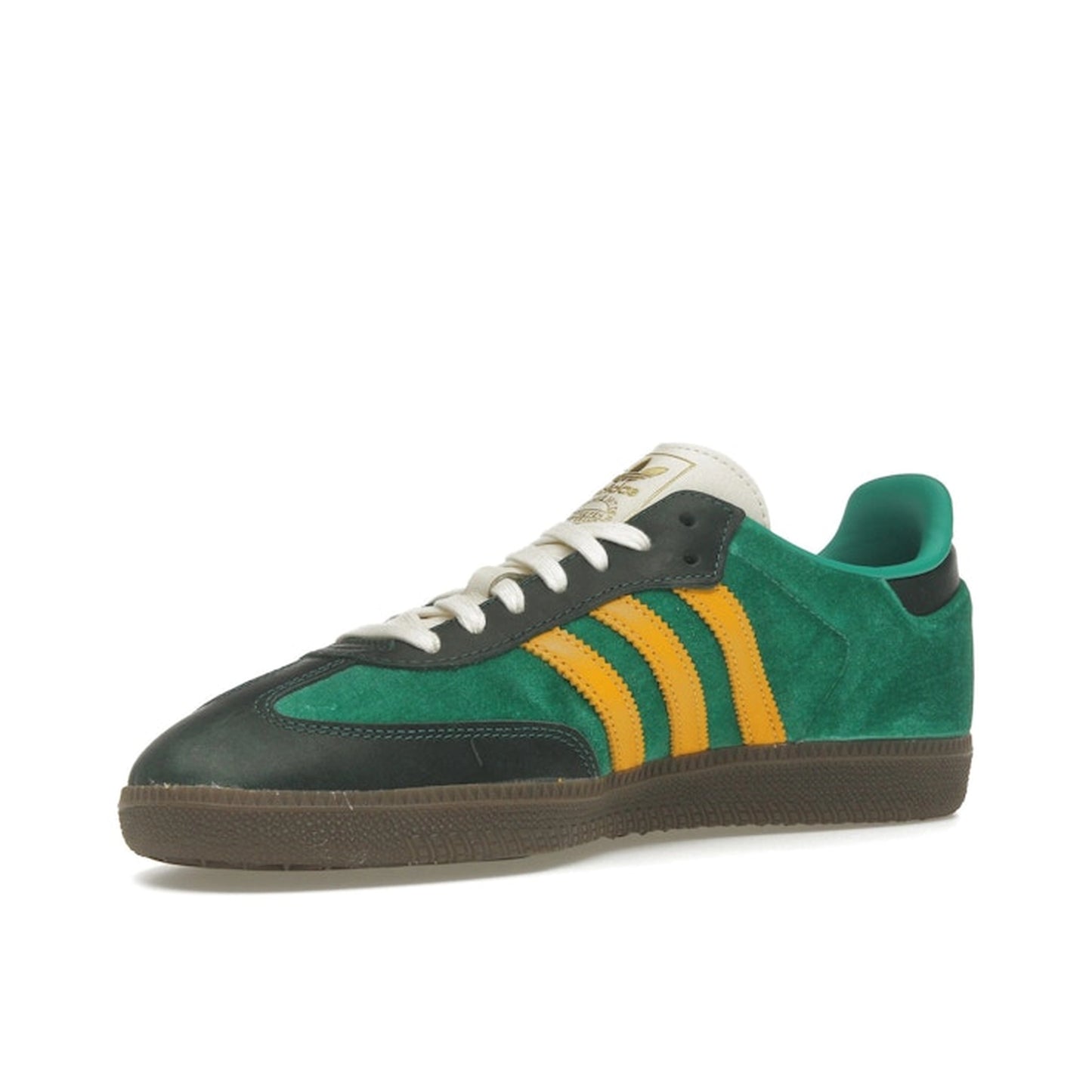 adidas Samba OG Women’s sneakers, front view, in court green with preloved yellow stripes and gum sole.