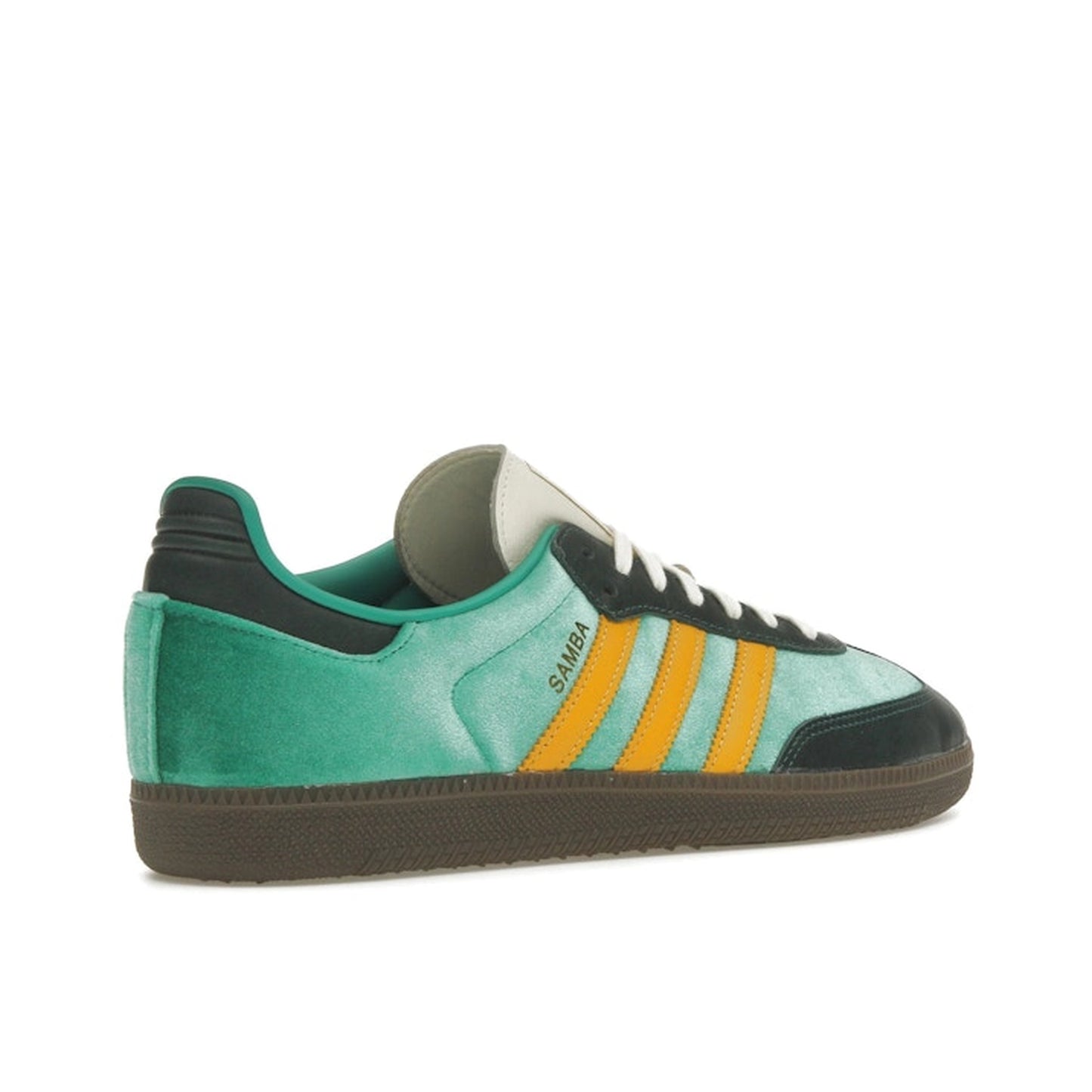 adidas Samba OG Women’s sneakers, back view, in court green with preloved yellow stripes and gum sole.