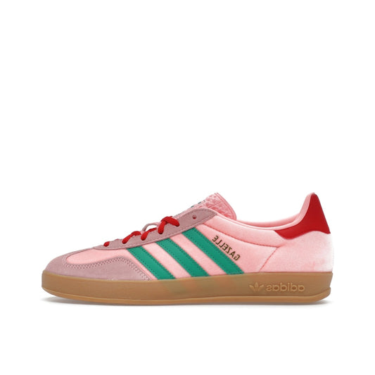 adidas Gazelle Indoor Women’s sneakers, side view, in pink velvet with gum sole.