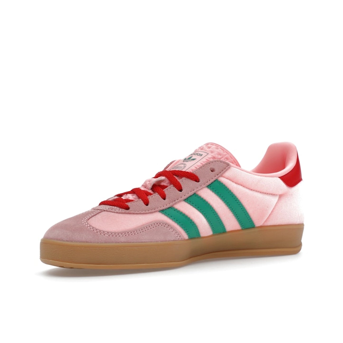 adidas Gazelle Indoor Women’s sneakers, front view, in pink velvet with gum sole.