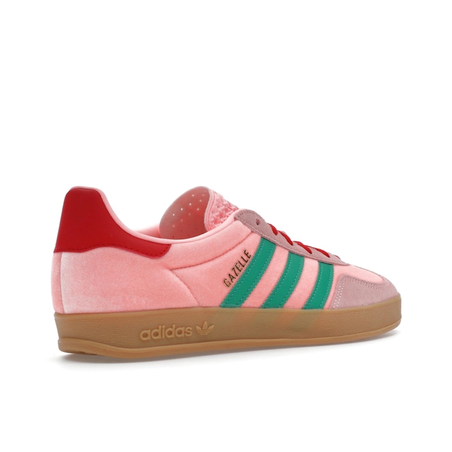 adidas Gazelle Indoor Women’s sneakers, back view, in pink velvet with gum sole.