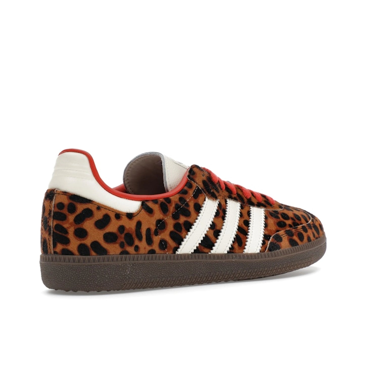 adidas Samba OG, back view, in red suede with leopard-patterned three stripes.