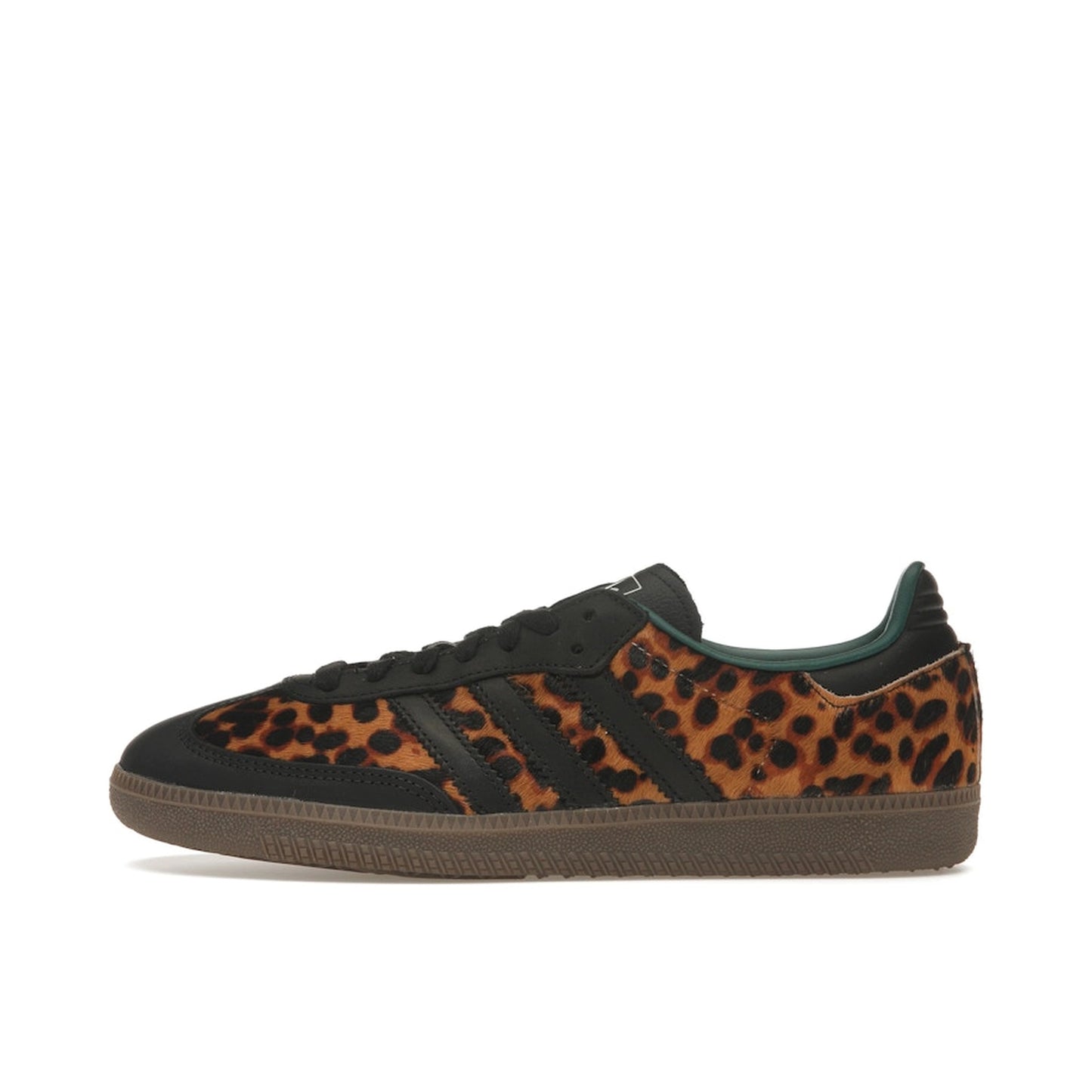 adidas Samba OG Black Green Leopard Women’s sneakers, side view, in black with green leopard print details.