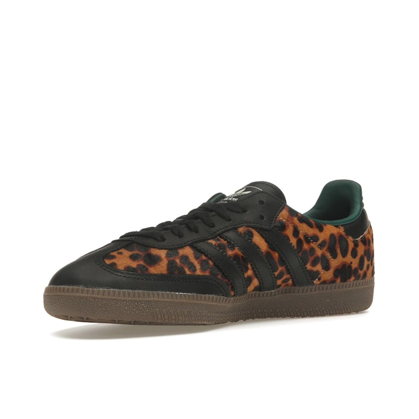 adidas Samba OG Black Green Leopard Women’s sneakers, front view, in black with green leopard print details.