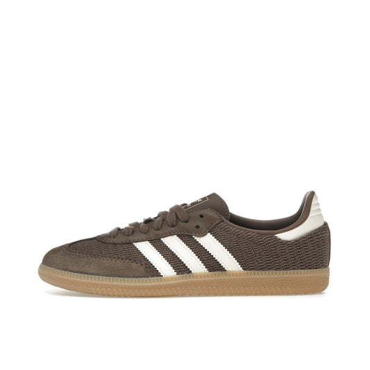 adidas Samba OG, side view, in earth strata brown with wonder white accents and gum sole.