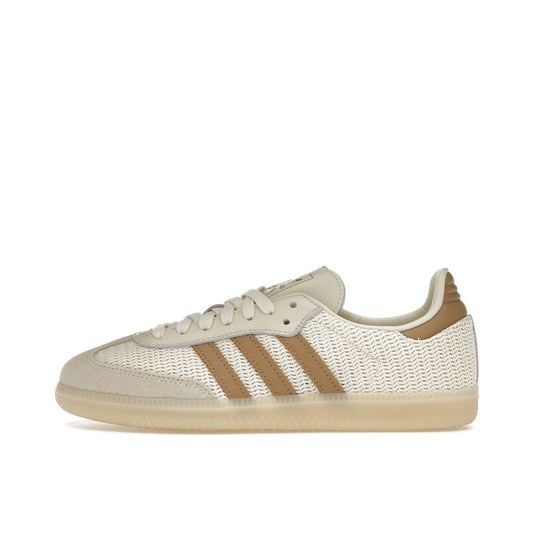 adidas Samba OG Cream White Cardboard, side view, in light beige with brown overlays.