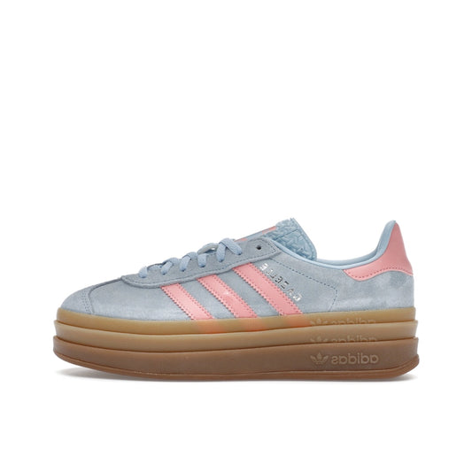 adidas Gazelle Bold Baby Blue Pink, side view, in pastel tones with signature platform silhouette.