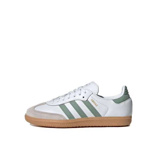adidas Samba OG GS sneakers, side view, in cloud white with silver and green accents.