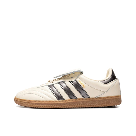adidas Samba LT, side view, retro silhouette in off-white suede and classic gum outsole.