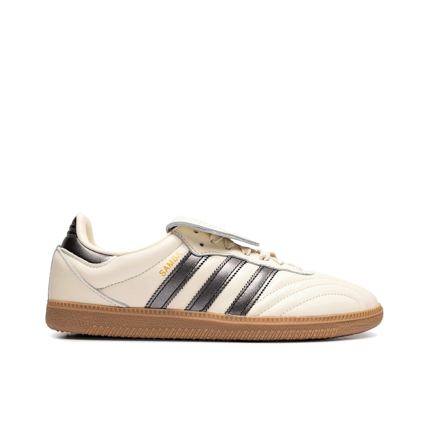adidas Samba LT, side view, retro silhouette in off-white suede and classic gum outsole.