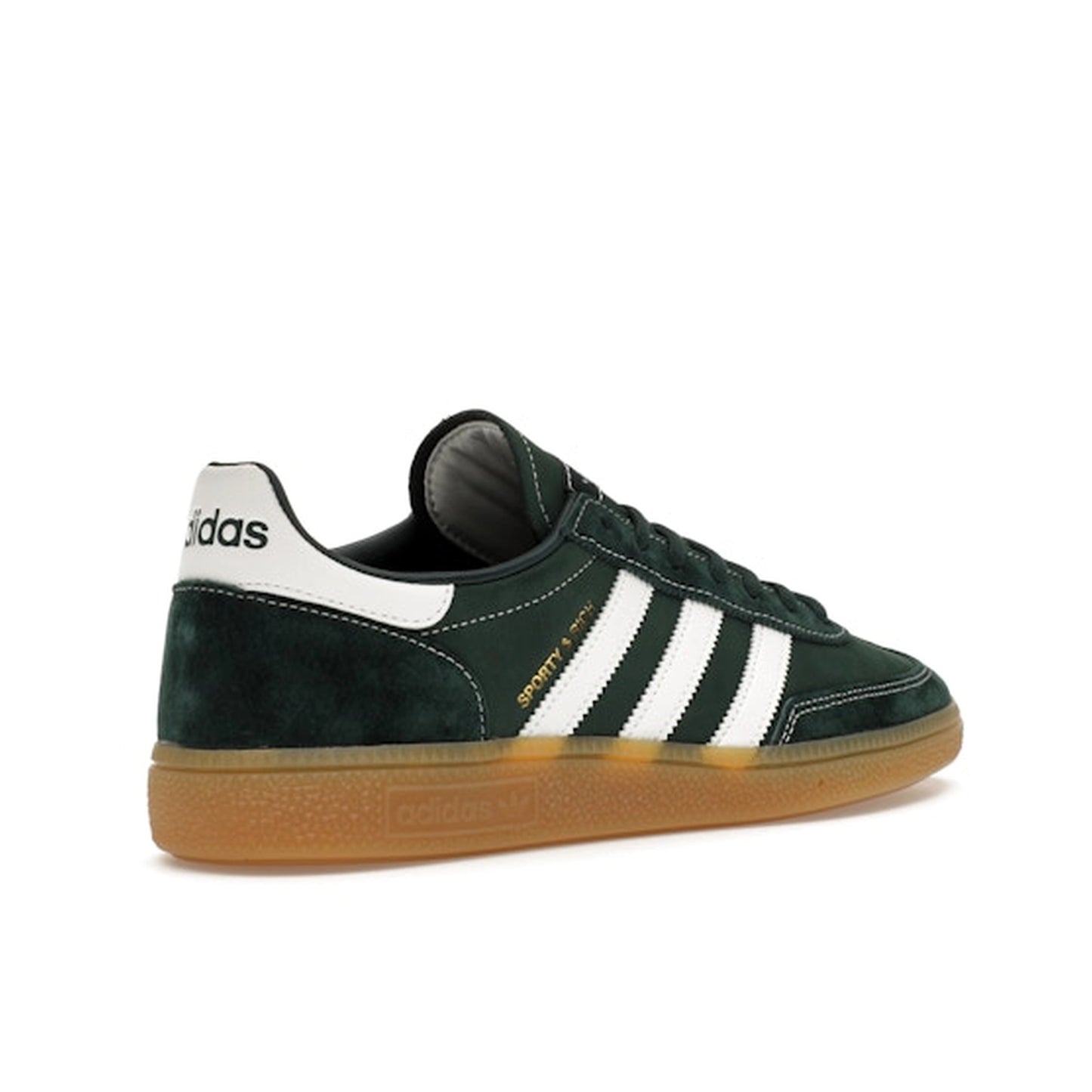 adidas Handball Spezial Sporty & Rich, back view, in deep green suede with white three stripes.