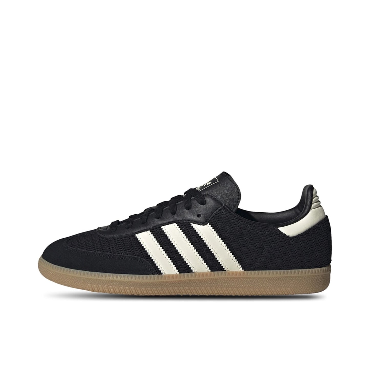 adidas Samba OG Black Cream White, side view, in smooth black upper with beige gum sole.