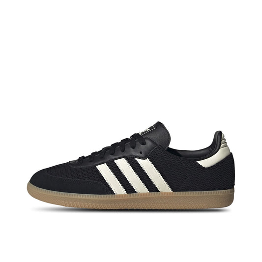 adidas Samba OG Black Cream White, side view, in smooth black upper with beige gum sole.