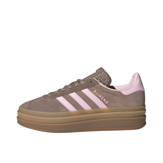 adidas Gazelle Bold Trace Brown, side view, suede upper with stacked pink sole.
