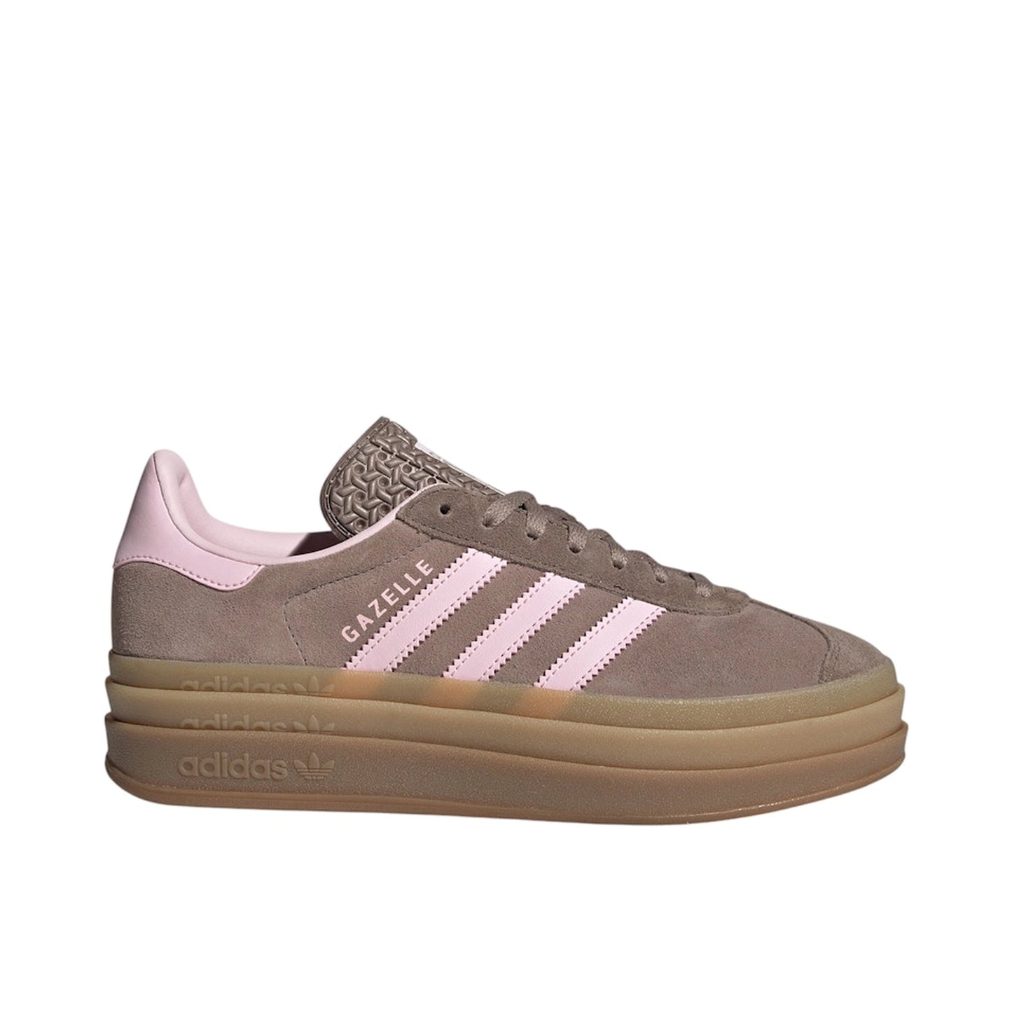 adidas Gazelle Bold Trace Brown, side view, suede upper with stacked pink sole.