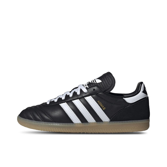 adidas Samba JP, side view, black leather upper with white stripes and gum sole.