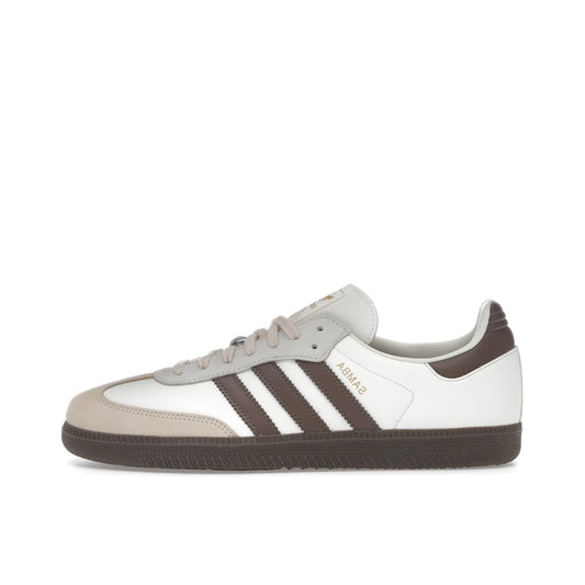 adidas Samba OG Off White Earth Strata, side view, smooth leather and suede with gum sole.