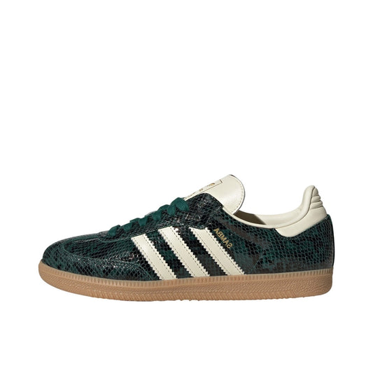 adidas Samba OG Snakeskin, side view, collegiate green upper with faux snakeskin texture and cream accents.