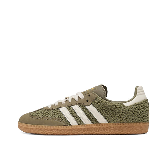 adidas Samba OG Orbit Green, side view, featuring crochet panel accents in soft green tones.