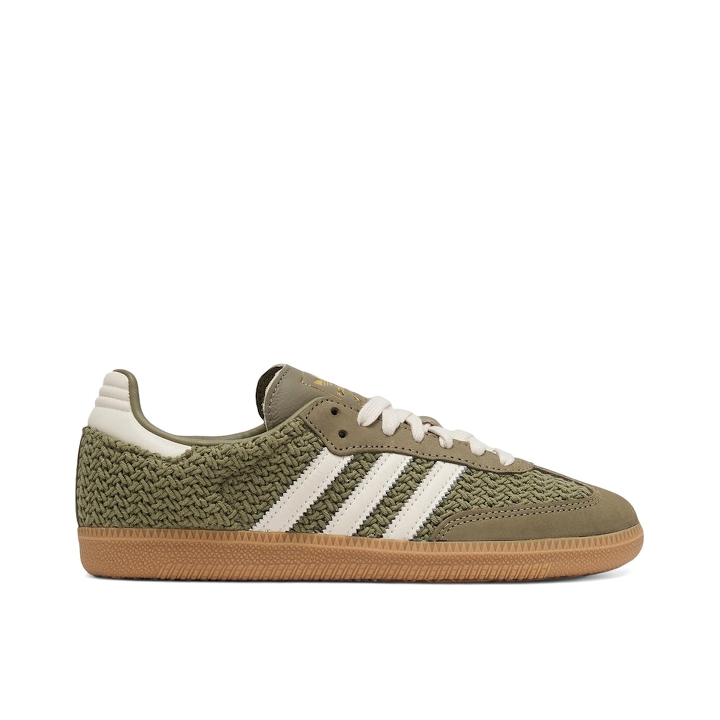 adidas Samba OG Orbit Green, side view, featuring crochet panel accents in soft green tones.