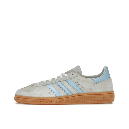 adidas Handball Spezial Alumina Clear Sky, side view, in cream suede with pastel blue details.