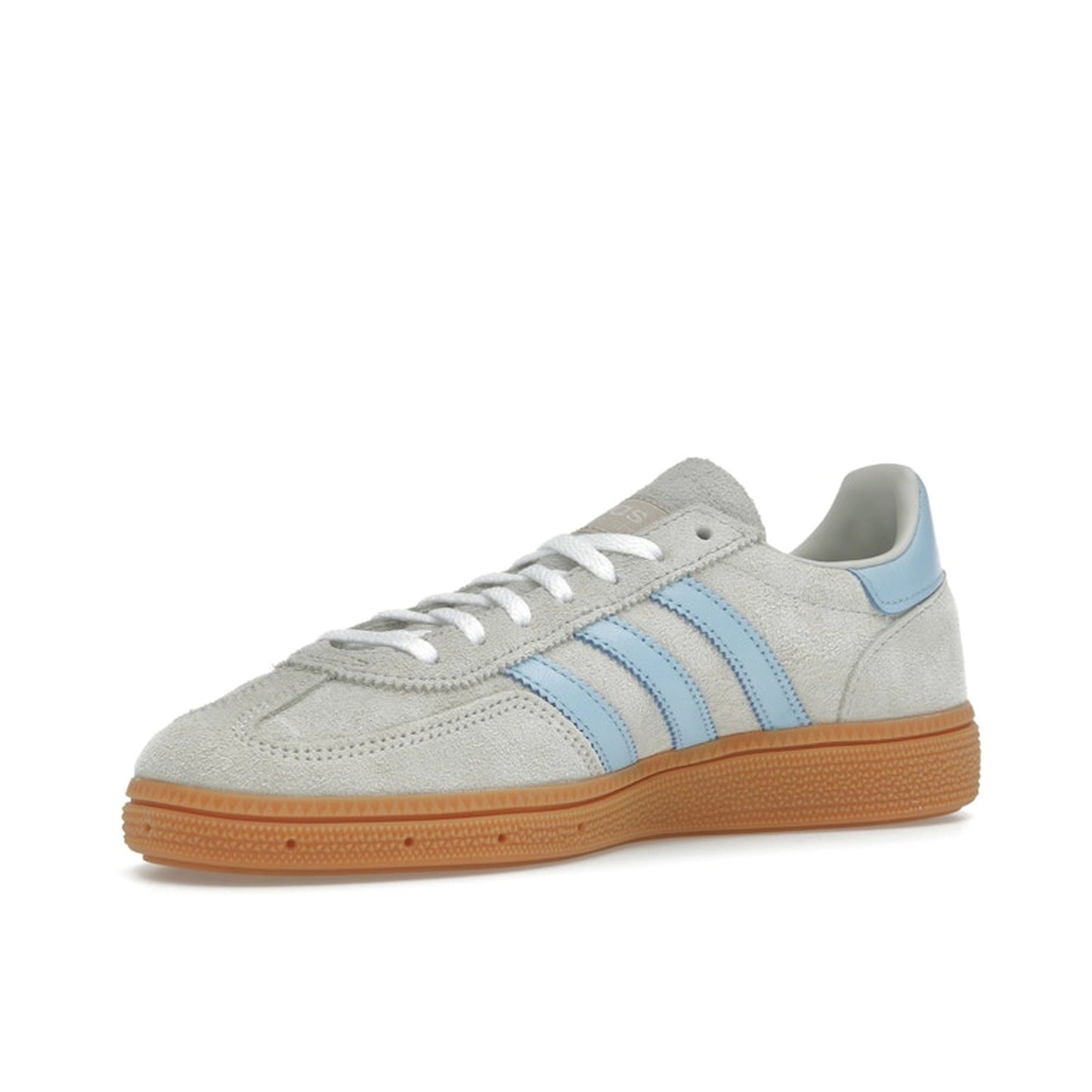adidas Handball Spezial Alumina Clear Sky, front view, in cream suede with pastel blue details.