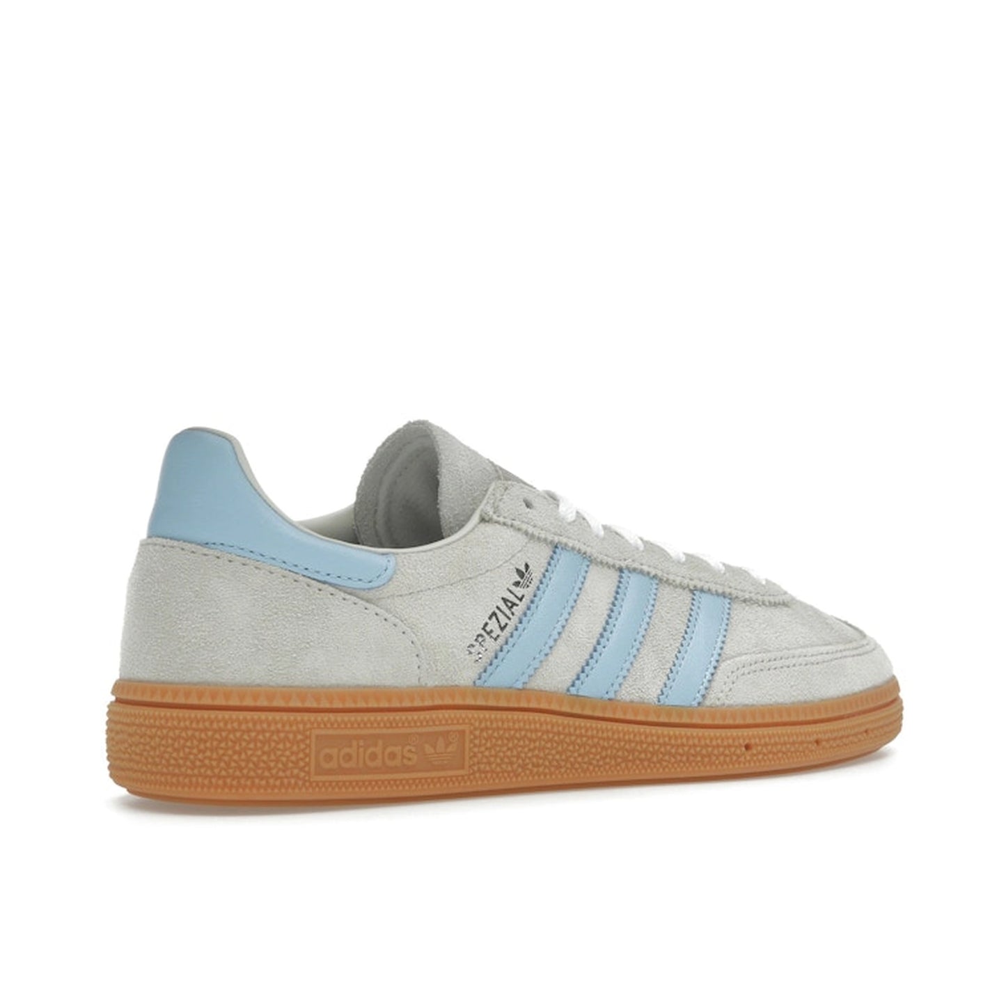 adidas Handball Spezial Alumina Clear Sky, back view, in cream suede with pastel blue details.