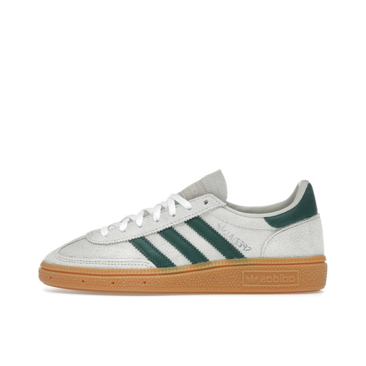 adidas Handball Spezial, side view, in alumina suede with Collegiate Green stripes and gum sole.