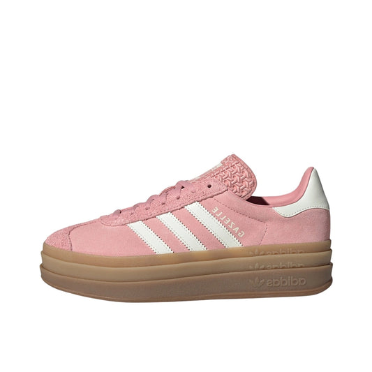 adidas Gazelle Bold Wonder Mauve, side view, suede upper with off white stripes and gum platform sole.