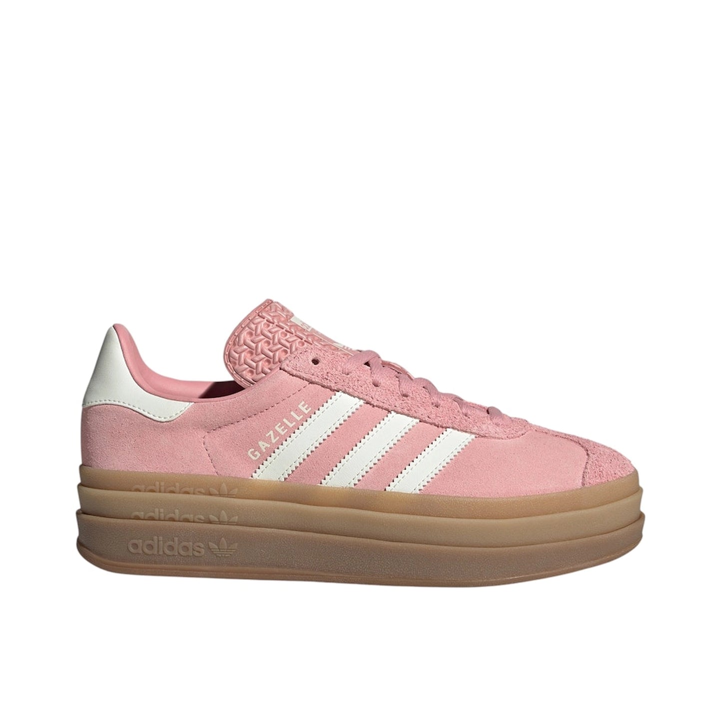 adidas Gazelle Bold Wonder Mauve, side view, suede upper with off white stripes and gum platform sole.