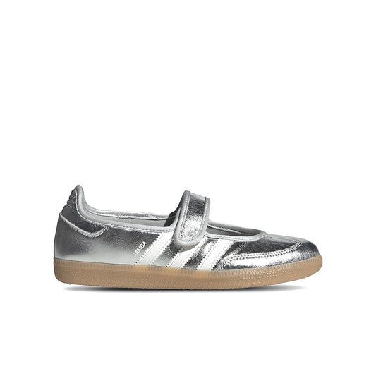 adidas Samba Jane women's shoes in silver metallic leather and off‑white suede with gum sole