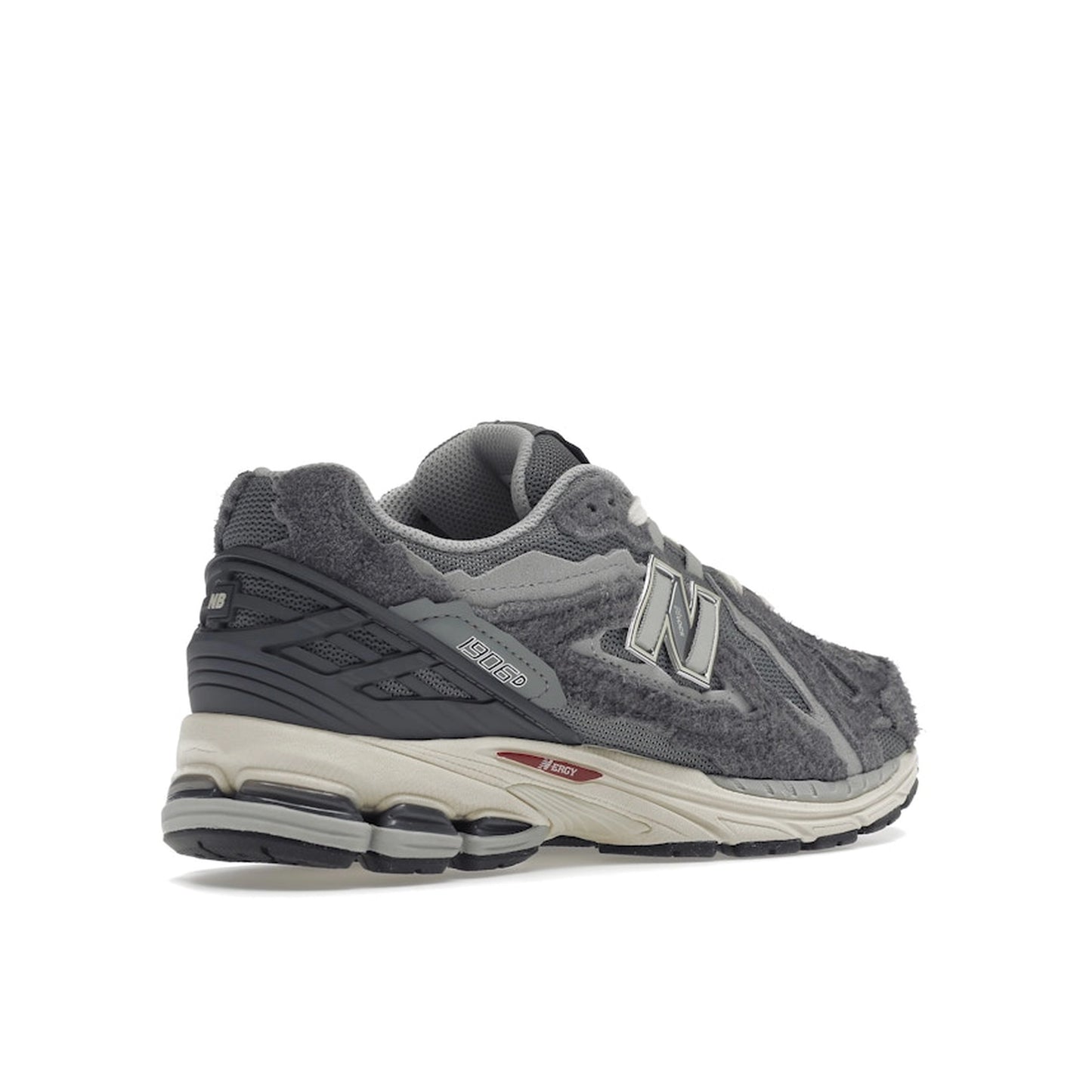 New Balance 1906D Protection Pack sneakers, back view, model M1906DA in harbor grey with black and white details.