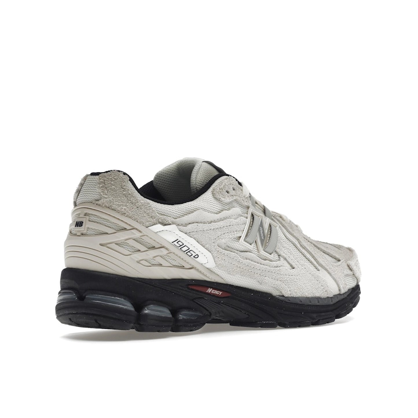 New Balance 1906D Protection Pack sneakers, back view, model M1906DB in turtledove with grey and white details.