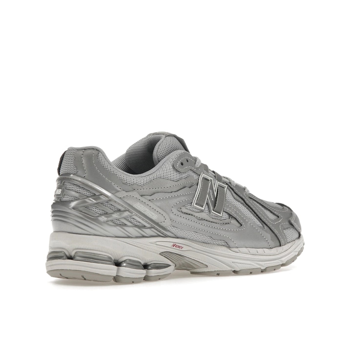 New Balance 1906D Protection Pack sneakers, back view, model M1906DH-1 in silver metallic with grey and white accents.