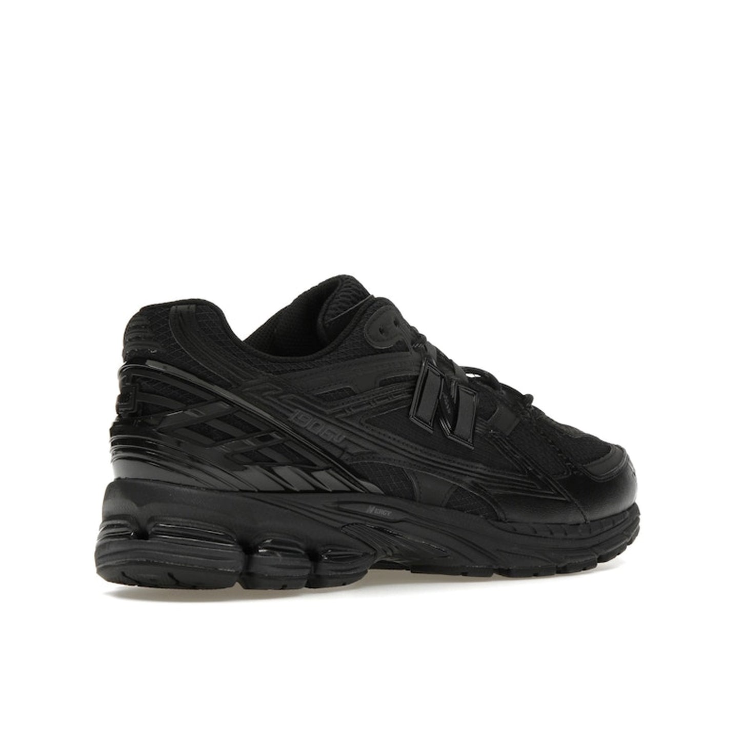 New Balance 1906U Triple Black sneakers, back view, in black with tonal elements.
