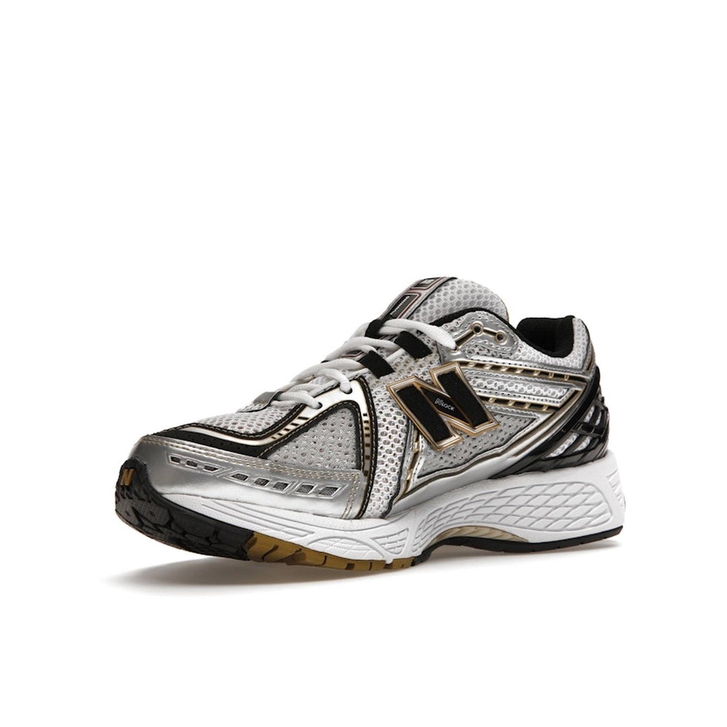 New Balance 1906R, front view, in white mesh with metallic gold overlays.