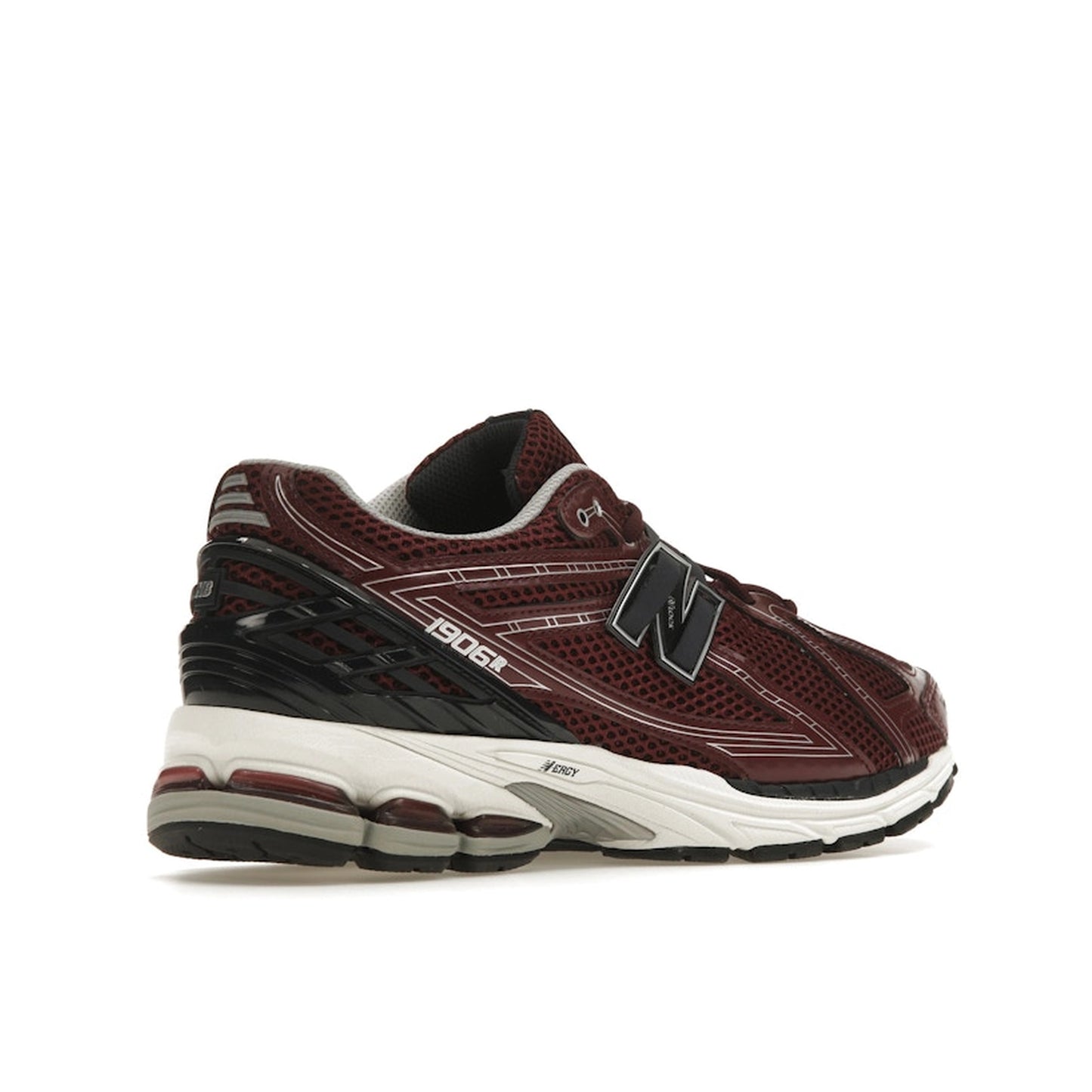 New Balance 1906R Burgundy Black sneakers, sole view, model M1906RCC in burgundy with black highlights.