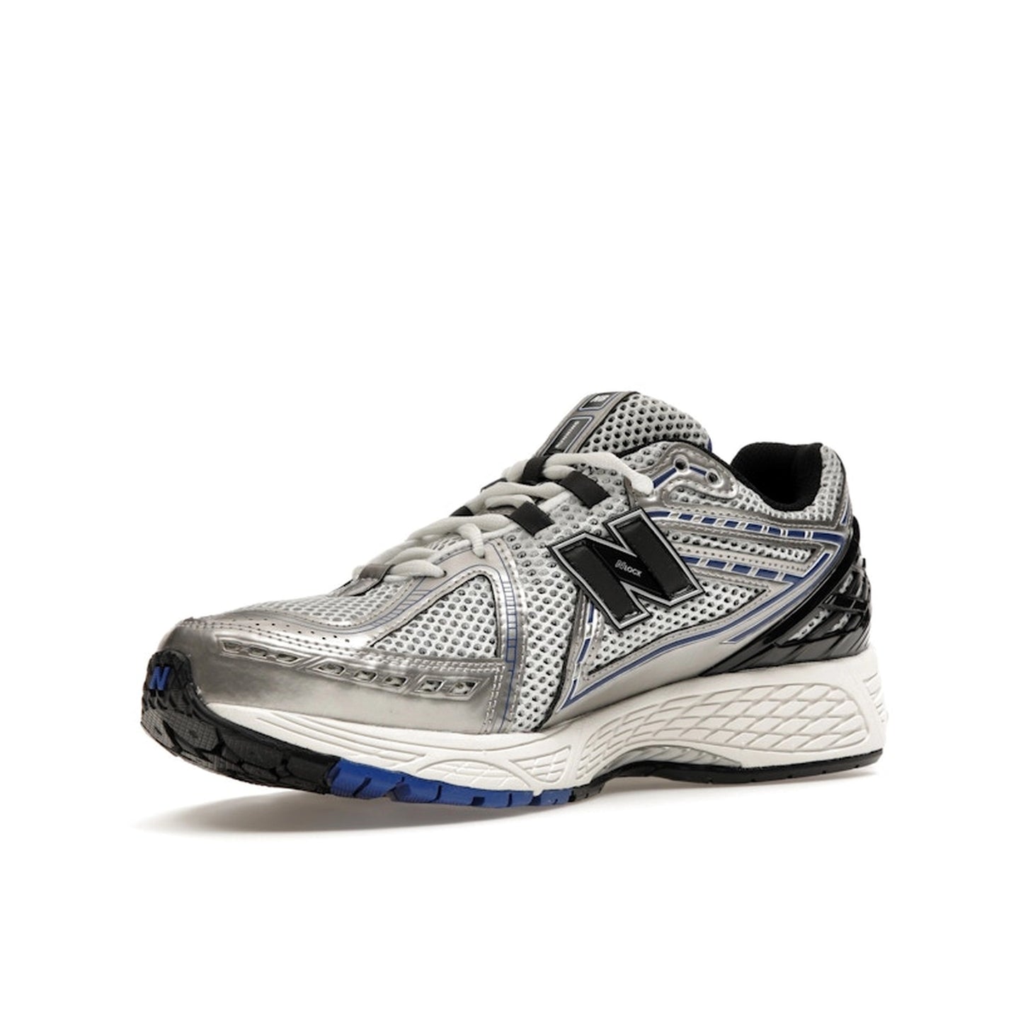 New Balance 1906R Metallic Silver Blue sneakers, sole view, model M1906RCD in metallic silver with blue accents.