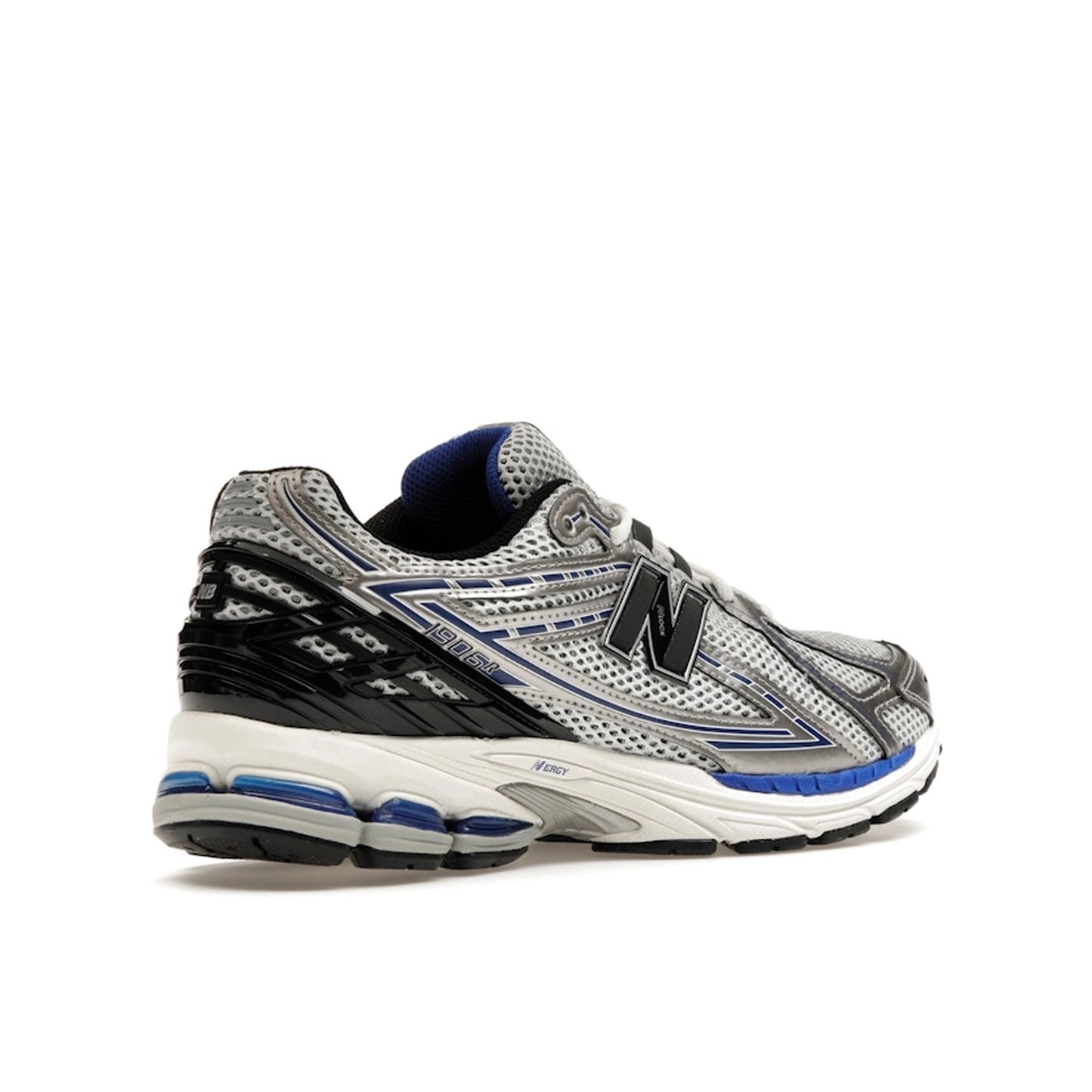 New Balance 1906R Metallic Silver Blue sneakers, sole view, model M1906RCD in metallic silver with blue accents.