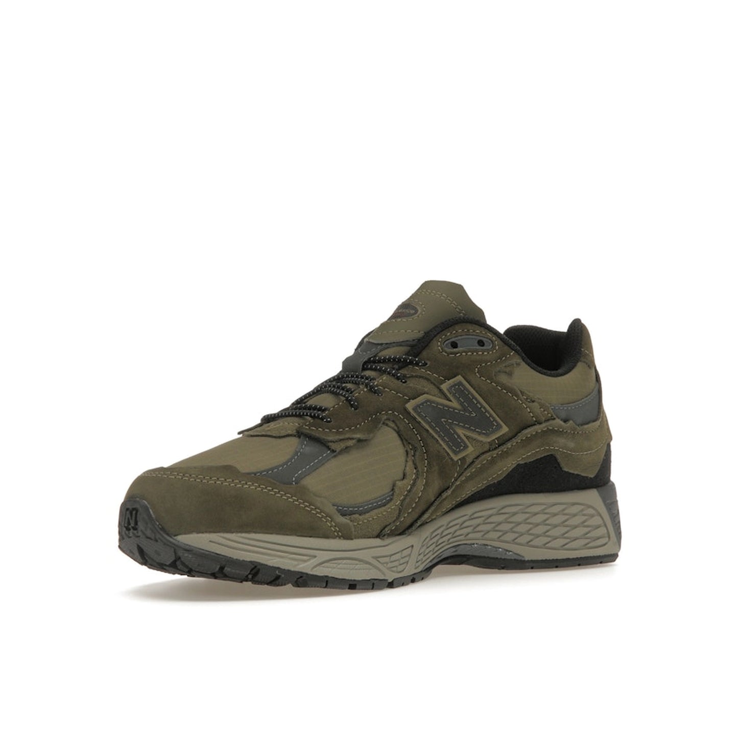 New Balance 2002R Protection Pack sneakers, front view, model M2002RDN in dark moss with grey and black details.
