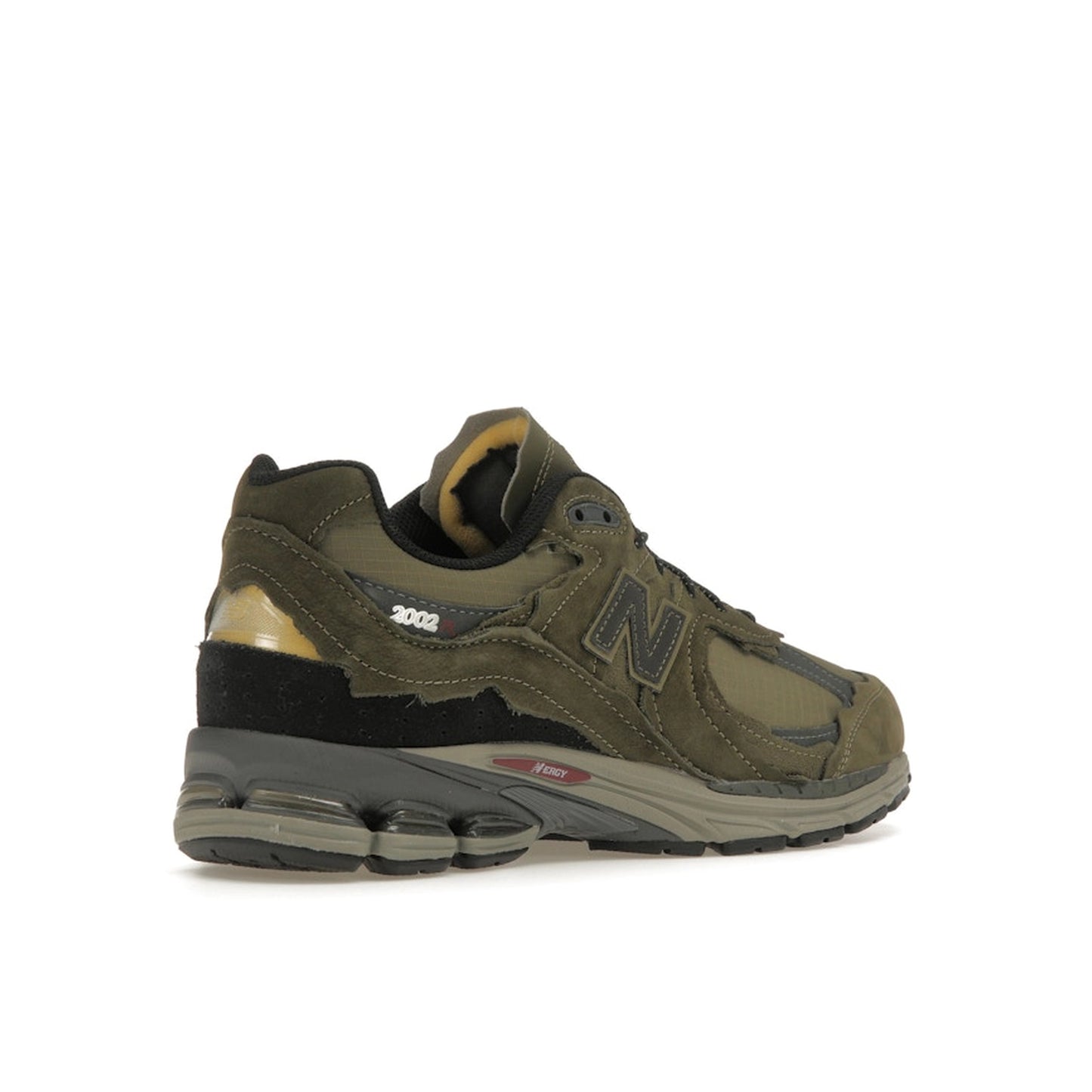 New Balance 2002R Protection Pack sneakers, back view, model M2002RDN in dark moss with grey and black details.