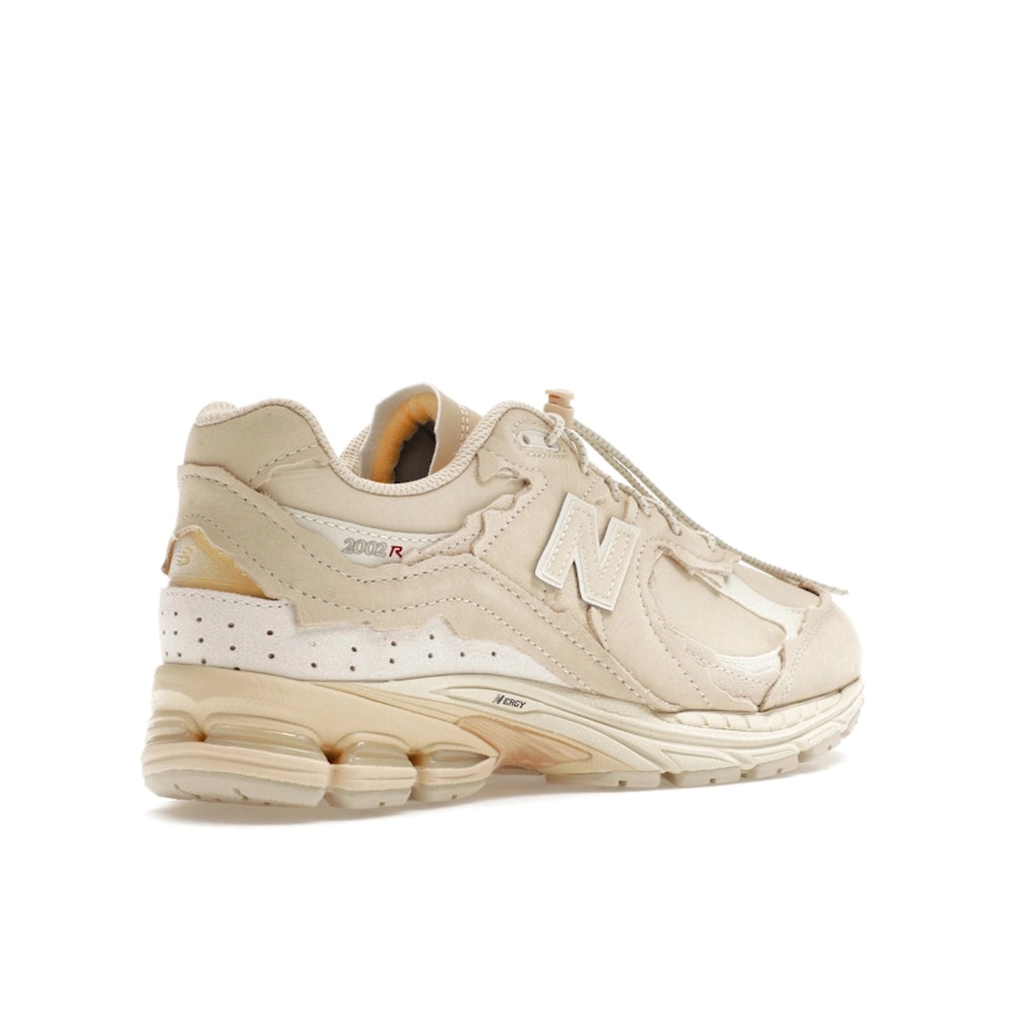 New Balance 2002R Protection Pack sneakers in Sandstone, back view, model M2002RDQ in beige.