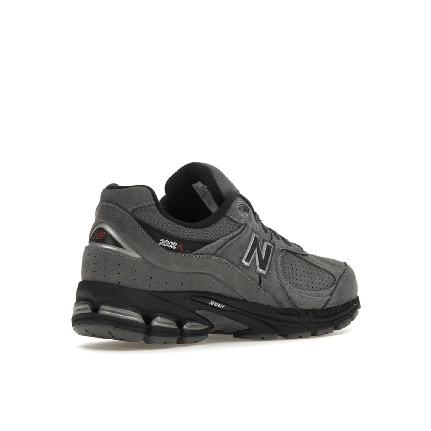 New Balance 2002R sneakers, back view, model M2002REH in castlerock with black details.