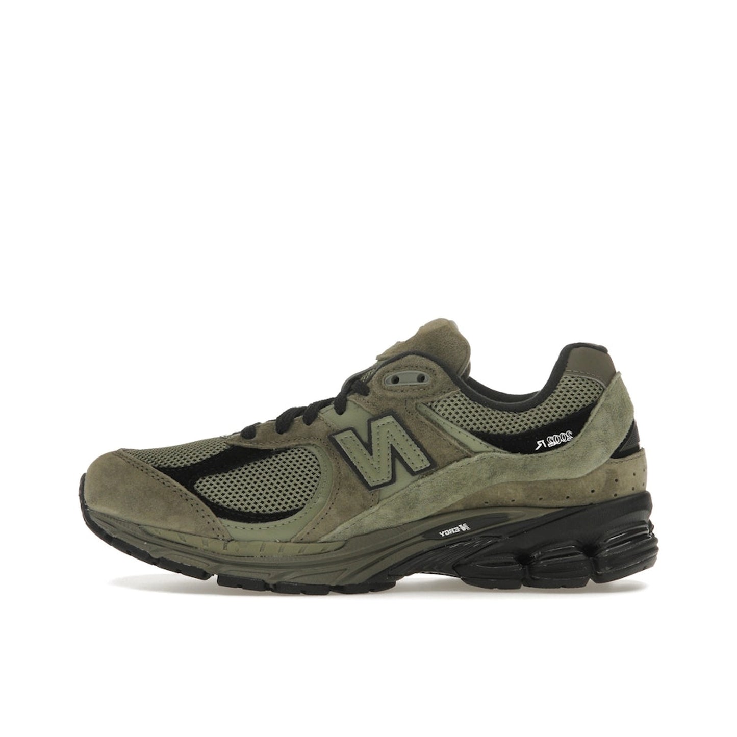New Balance 2002R sneakers, side view, in dark camo with tonal olive suede and mesh.